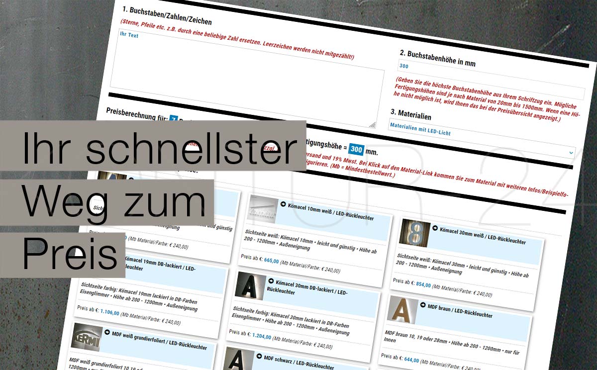 Schriftzug-/ Preiskalkulator für 3D Buchstaben