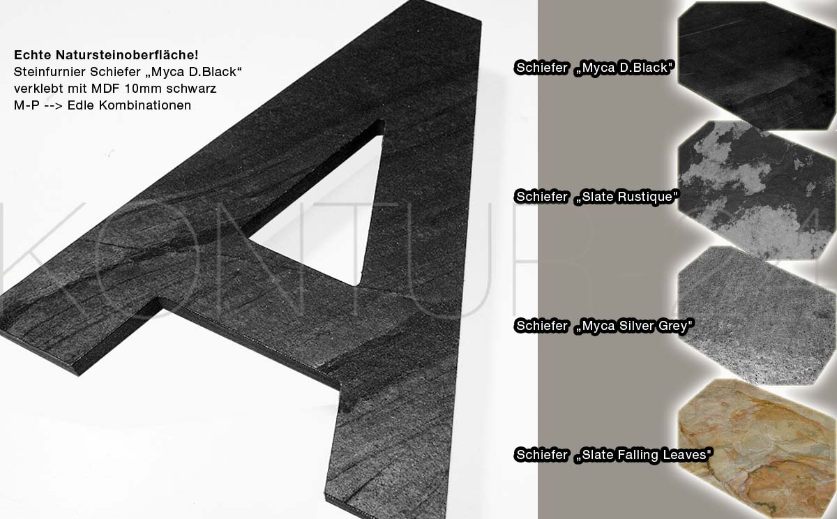 3D Buchstaben aus Steinfurnier Schiefer verklebt mit MDF schwarz