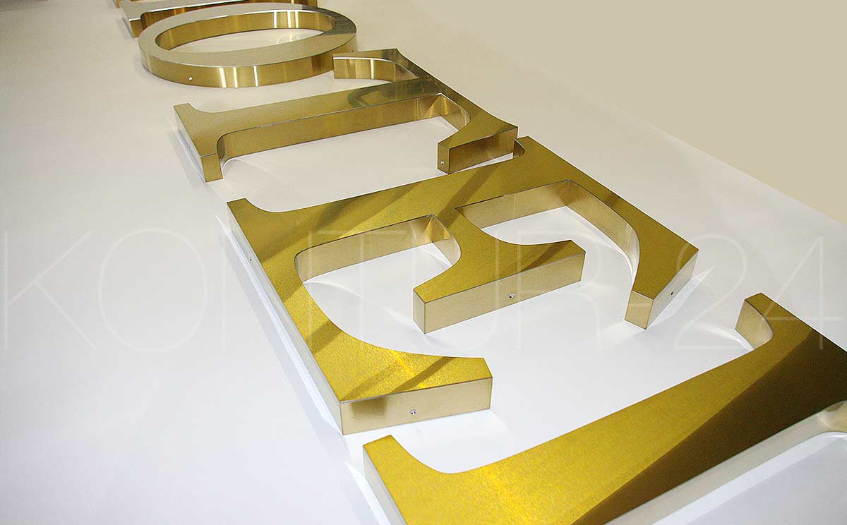 3D Profilbuchstaben Profil 1 oder 3 aus Edelstahl V2A gold/messing geschliffen