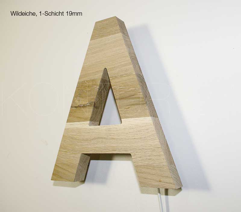 Leuchtbuchstaben Holz Wildeiche 1-Schicht 19mm / LED-Rückleuchter - Bild 1