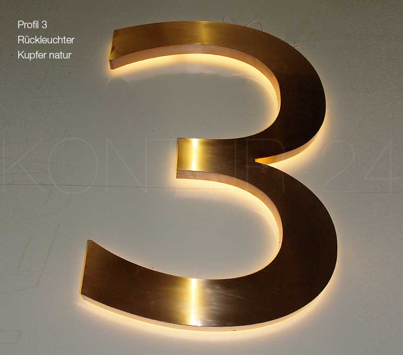 Leuchtbuchstaben Metall Profil 3 Kupfer natur / LED-Rückleuchter