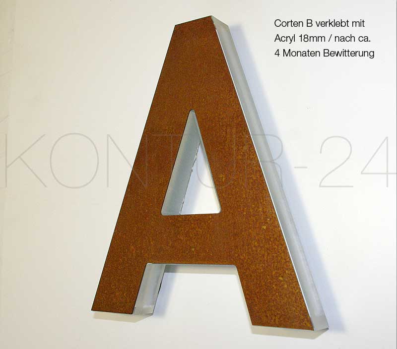 Leuchtbuchstaben Kombination Corten & Acryl transluzent / LED-Rück-/Seitenleuchter