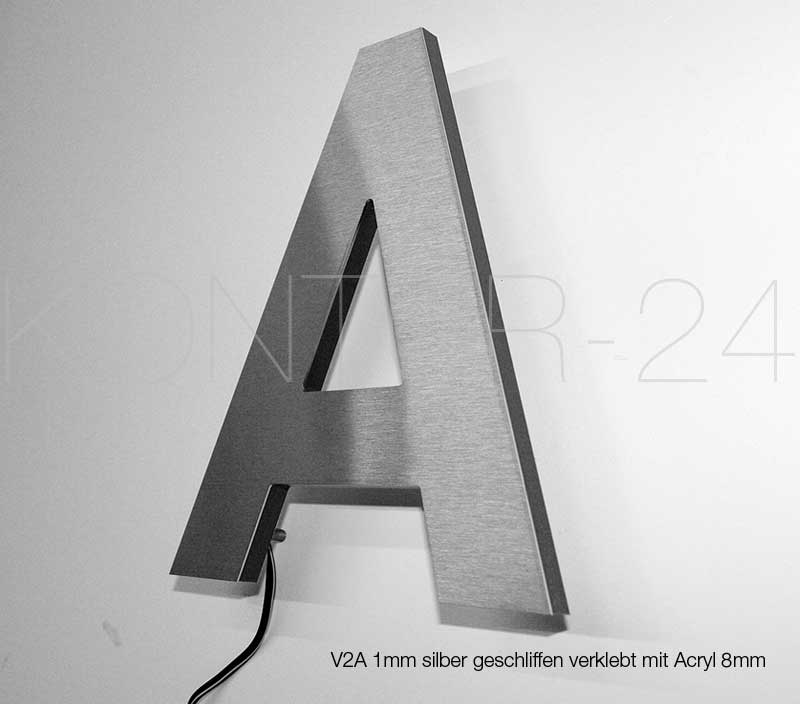 Musterbuchstabe:A / V2A & Acryl 8mm / 200mm