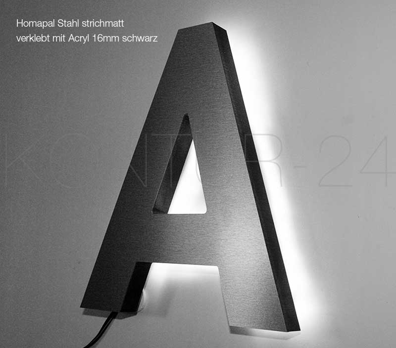 Leuchtbuchstaben Kombination HPL & Acryl 16mm / LED-Rückleuchter