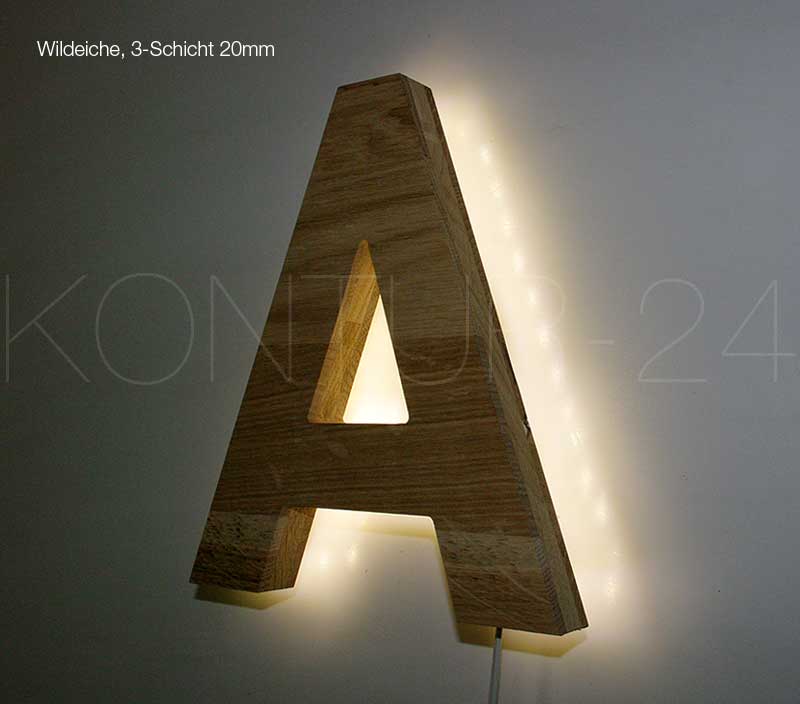 Leuchtbuchstaben Holz Wildeiche 3-Schicht 20mm / LED-Rückleuchter - Bild 2