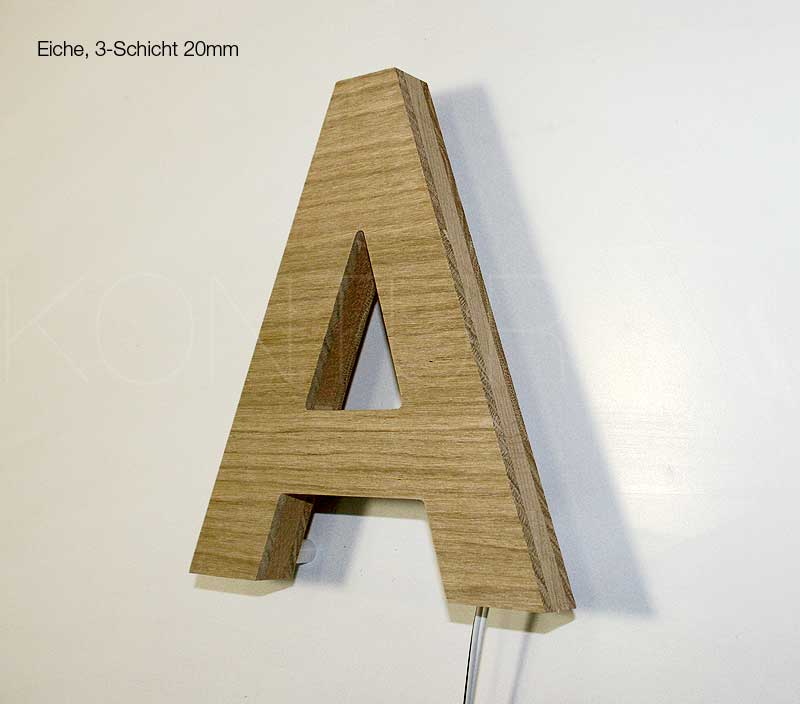 Leuchtbuchstaben Holz Eiche 3-Schicht 20mm / LED-Rückleuchter