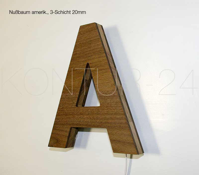 Leuchtbuchstaben Holz Nußbaum 3-Schicht 20mm / LED-Rückleuchter - Bild 1