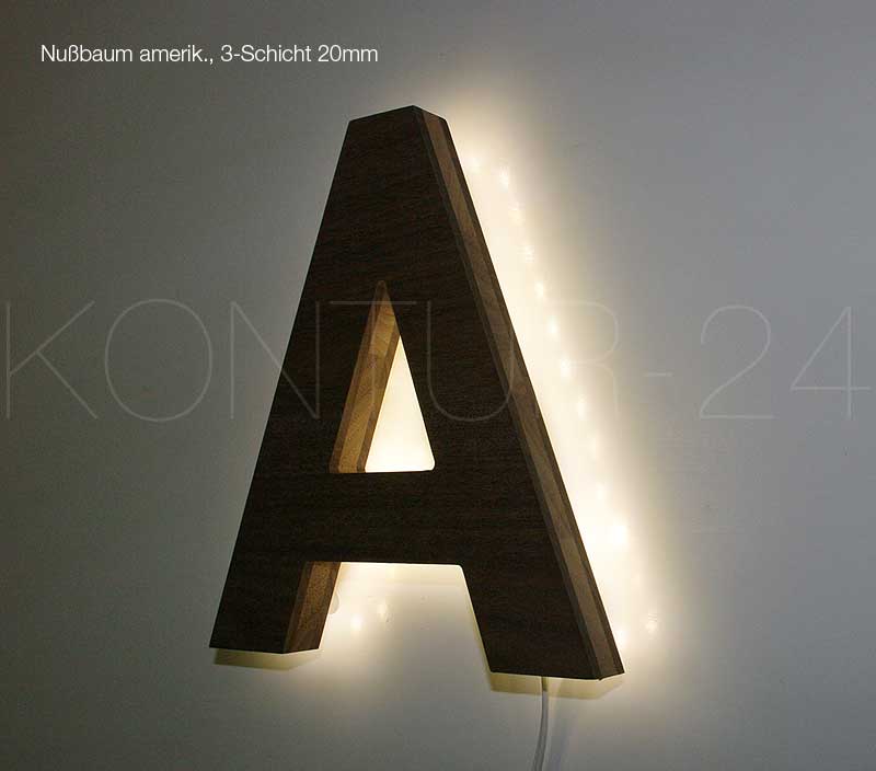 Leuchtbuchstaben Holz Nußbaum 3-Schicht 20mm / LED-Rückleuchter - Bild 2