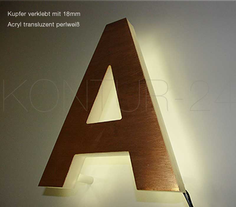 Leuchtbuchstaben Kombination Kupfer & Acryl transluzent / LED-Rück-/Seitenleuchter - Bild 2