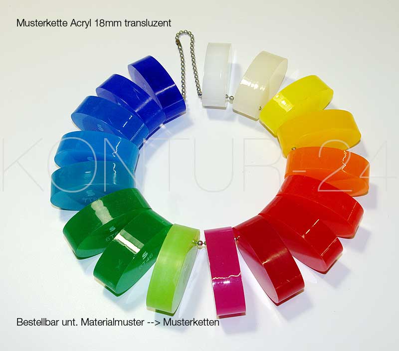 Musterkette für Acrylglas 3, 10, 18mm transluzent in 17 Farben