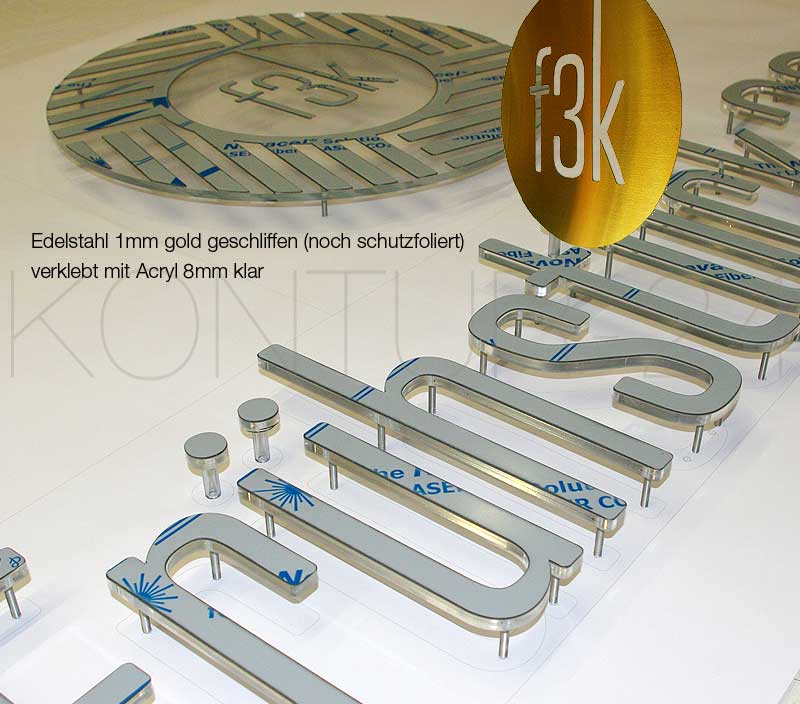 3D Buchstaben Kombi: Edelstahl V2A verklebt mit Acryl klar