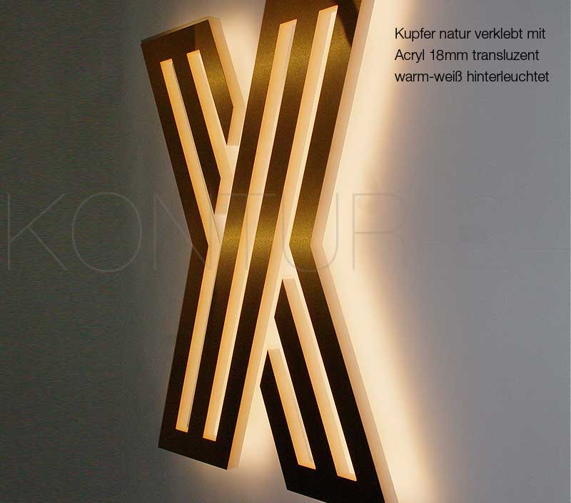 3D Leuchtbuchstaben Metall aus Kupfer & Acryl 18mm
